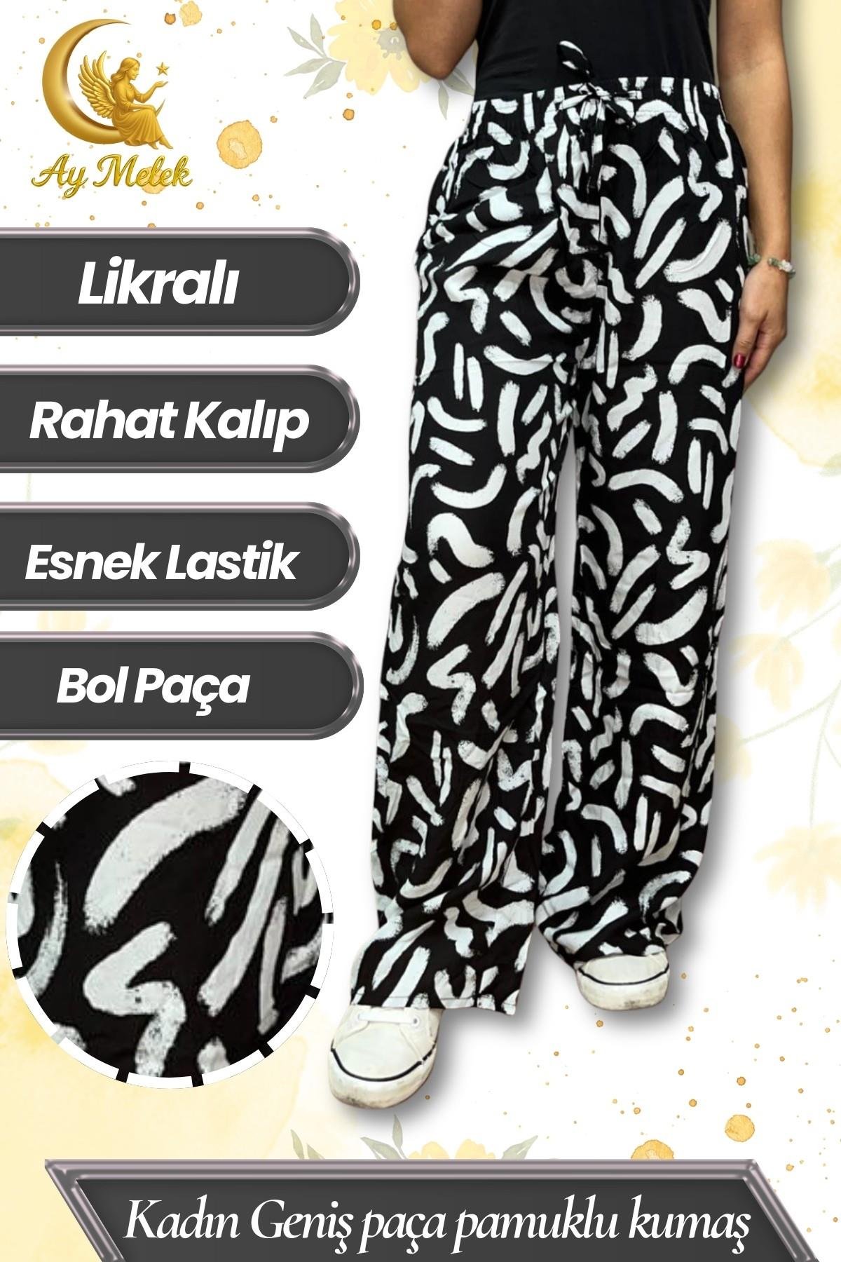 Kadın Pamuklu Dokuma Desenli Bol Kesim Geniş Paça Pantolon