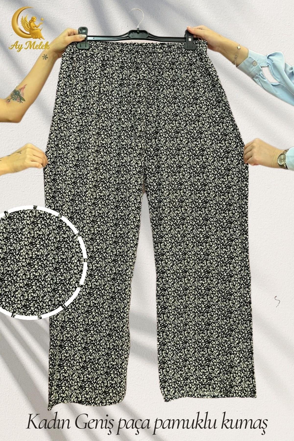 Kadın Pamuklu Dokuma Desenli Bol Kesim Geniş Paça Pantolon