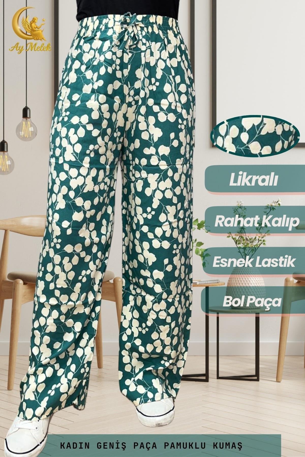 Kadın Pamuklu Dokuma Desenli Bol Kesim Geniş Paça Pantolon