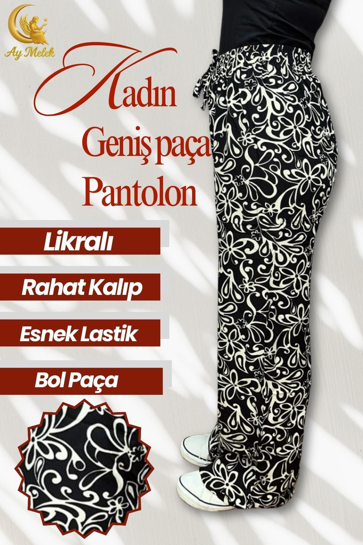 Kadın Pamuklu Dokuma Desenli Bol Kesim Geniş Paça Pantolon