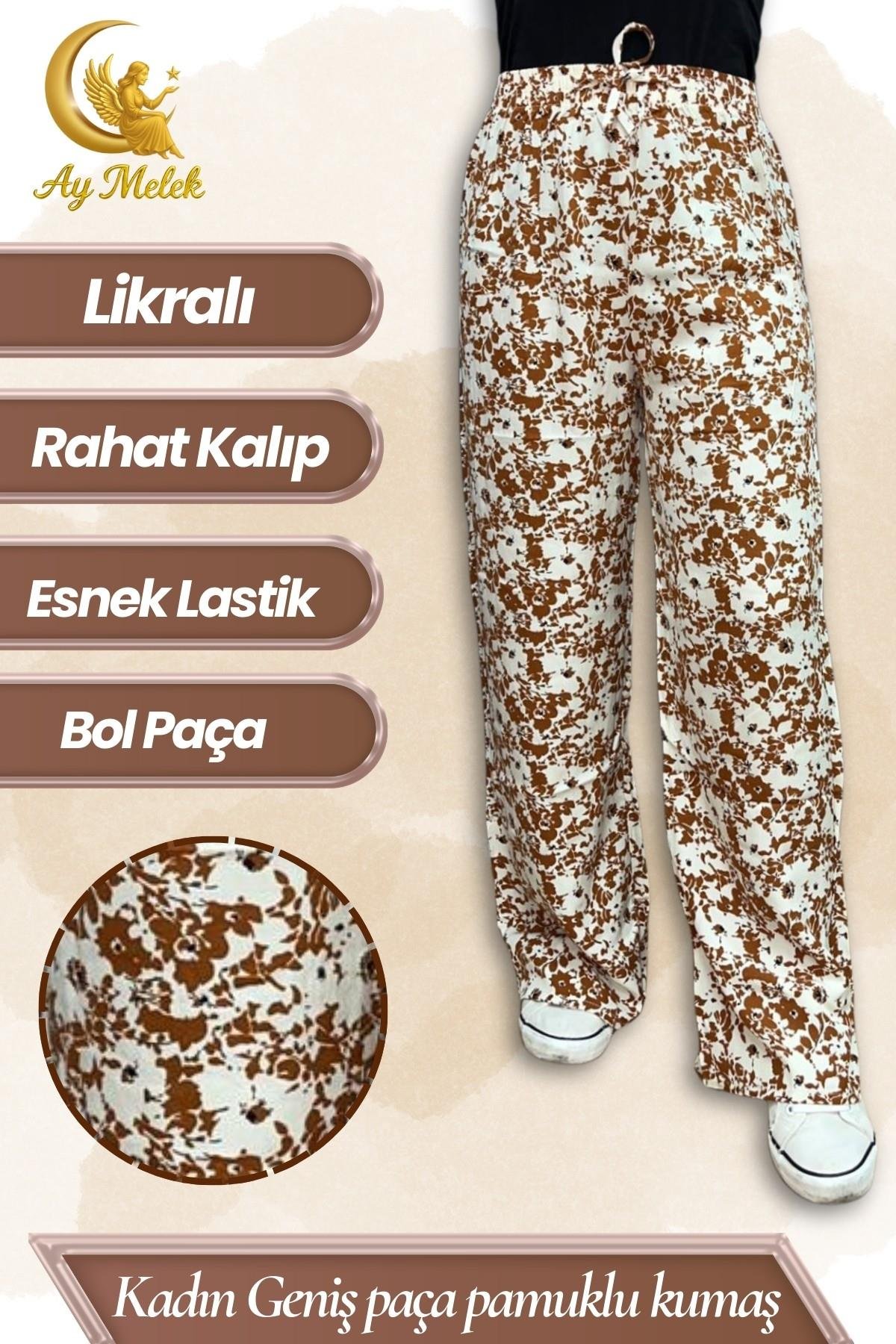 Kadın Pamuklu Dokuma Desenli Bol Kesim Geniş Paça Pantolon