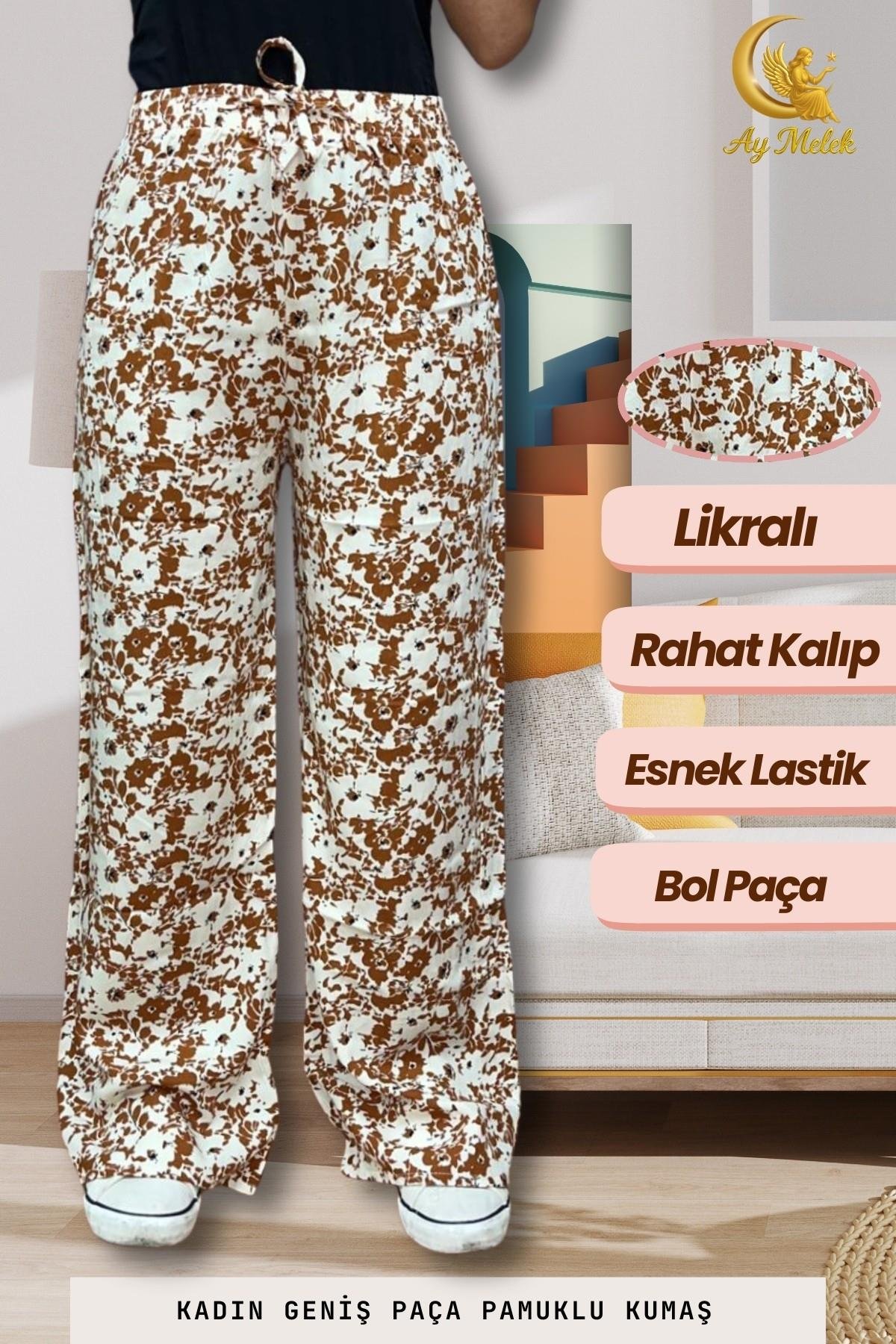 Kadın Pamuklu Dokuma Desenli Bol Kesim Geniş Paça Pantolon