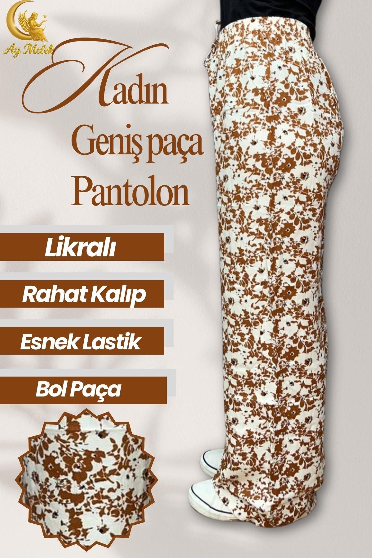Kadın Pamuklu Dokuma Desenli Bol Kesim Geniş Paça Pantolon