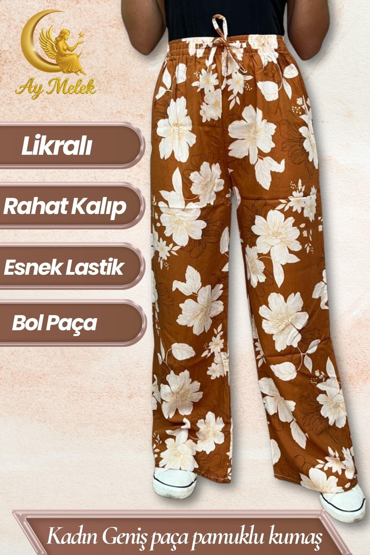 Kadın Pamuklu Dokuma Desenli Bol Kesim Geniş Paça Pantolon