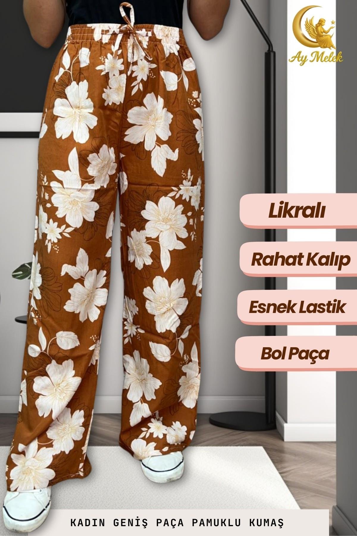 Kadın Pamuklu Dokuma Desenli Bol Kesim Geniş Paça Pantolon