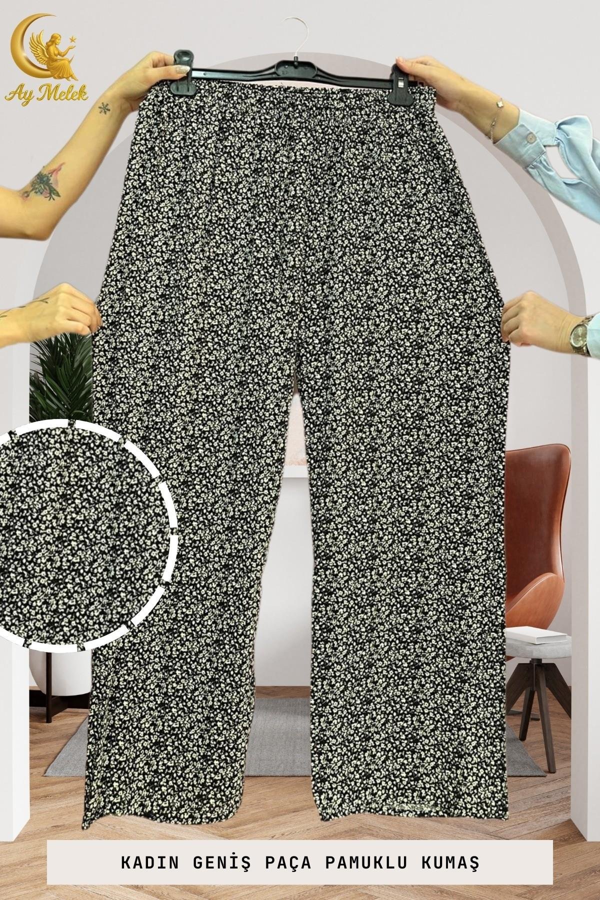 Kadın Pamuklu Dokuma Desenli Bol Kesim Geniş Paça Pantolon