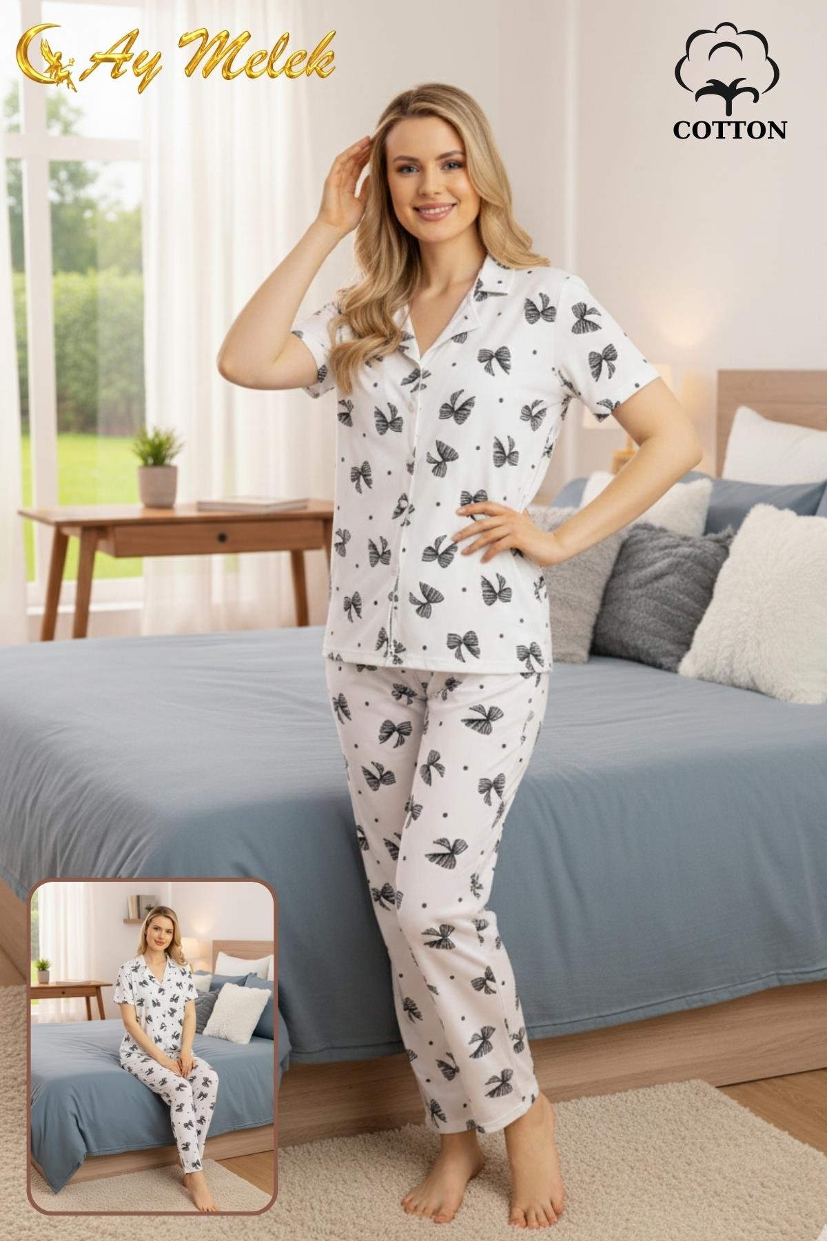 Kadın Pijama Takımı %100 Pamuklu Gömlek ve Pijama Seti