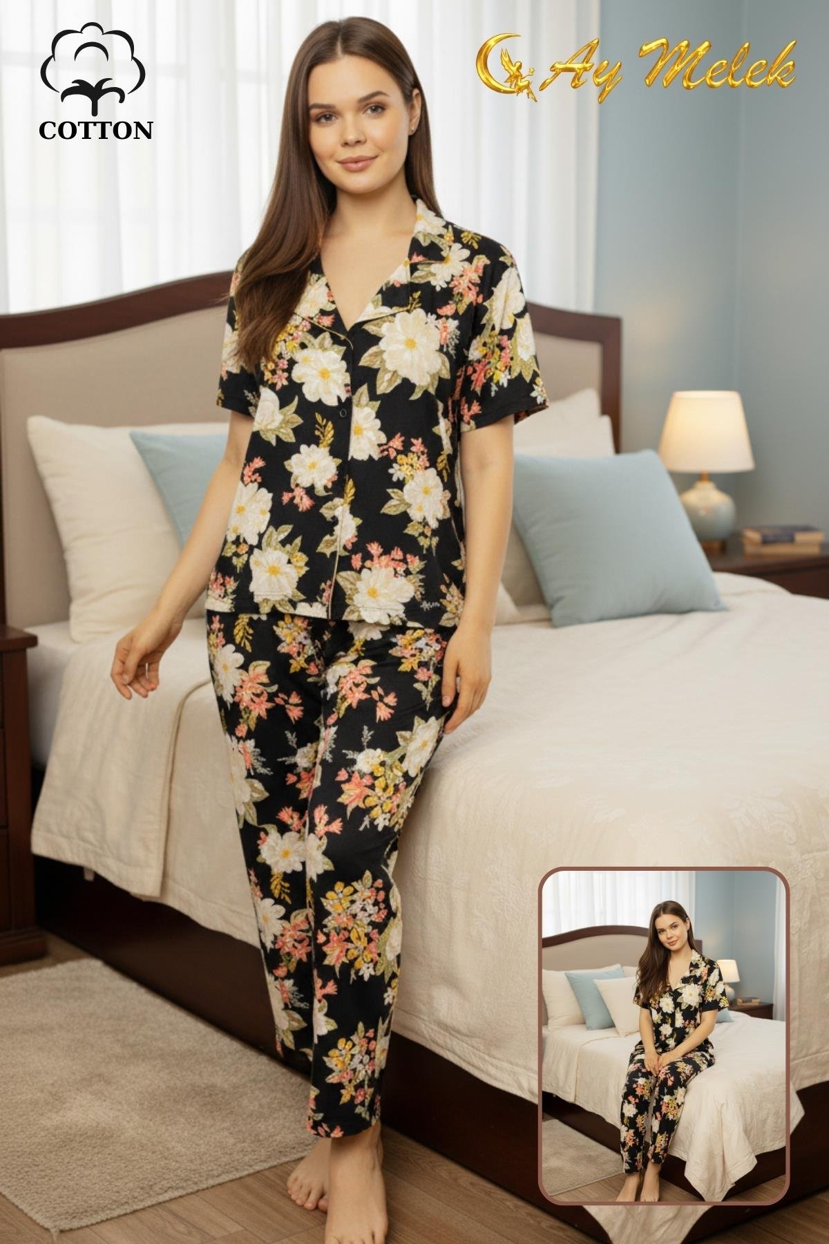 Kadın Pijama Takımı %100 Pamuklu Gömlek ve Pijama Seti