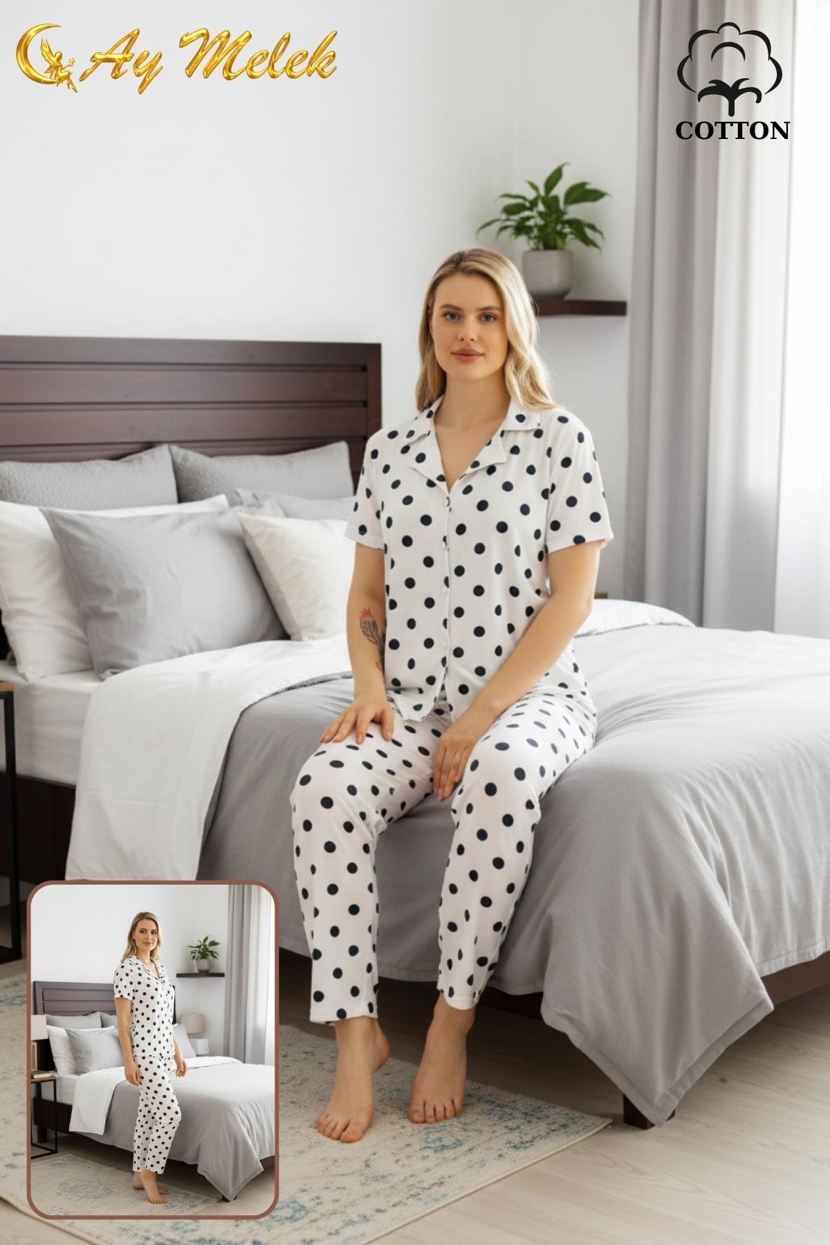 Kadın Pijama Takımı %100 Pamuklu Gömlek ve Pijama Seti