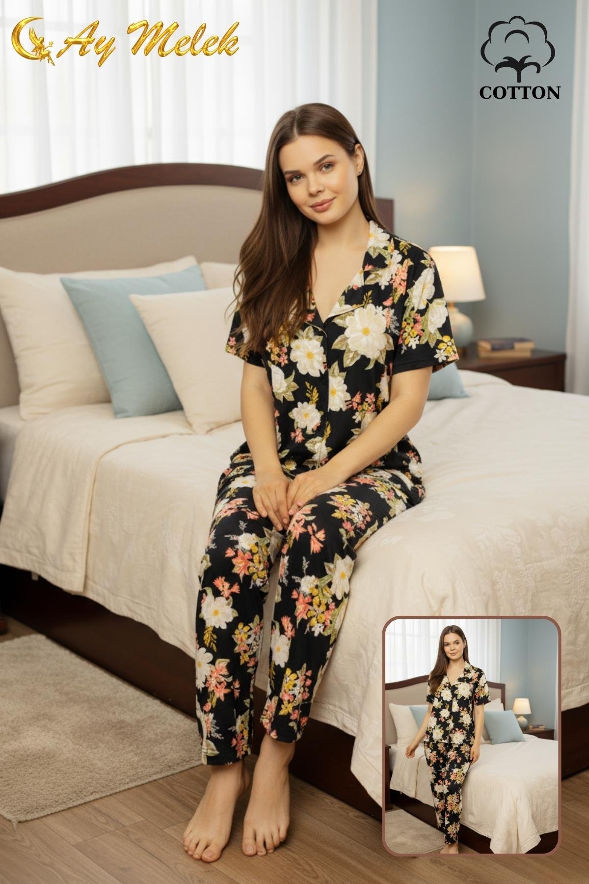 Kadın Pijama Takımı %100 Pamuklu Gömlek ve Pijama Seti