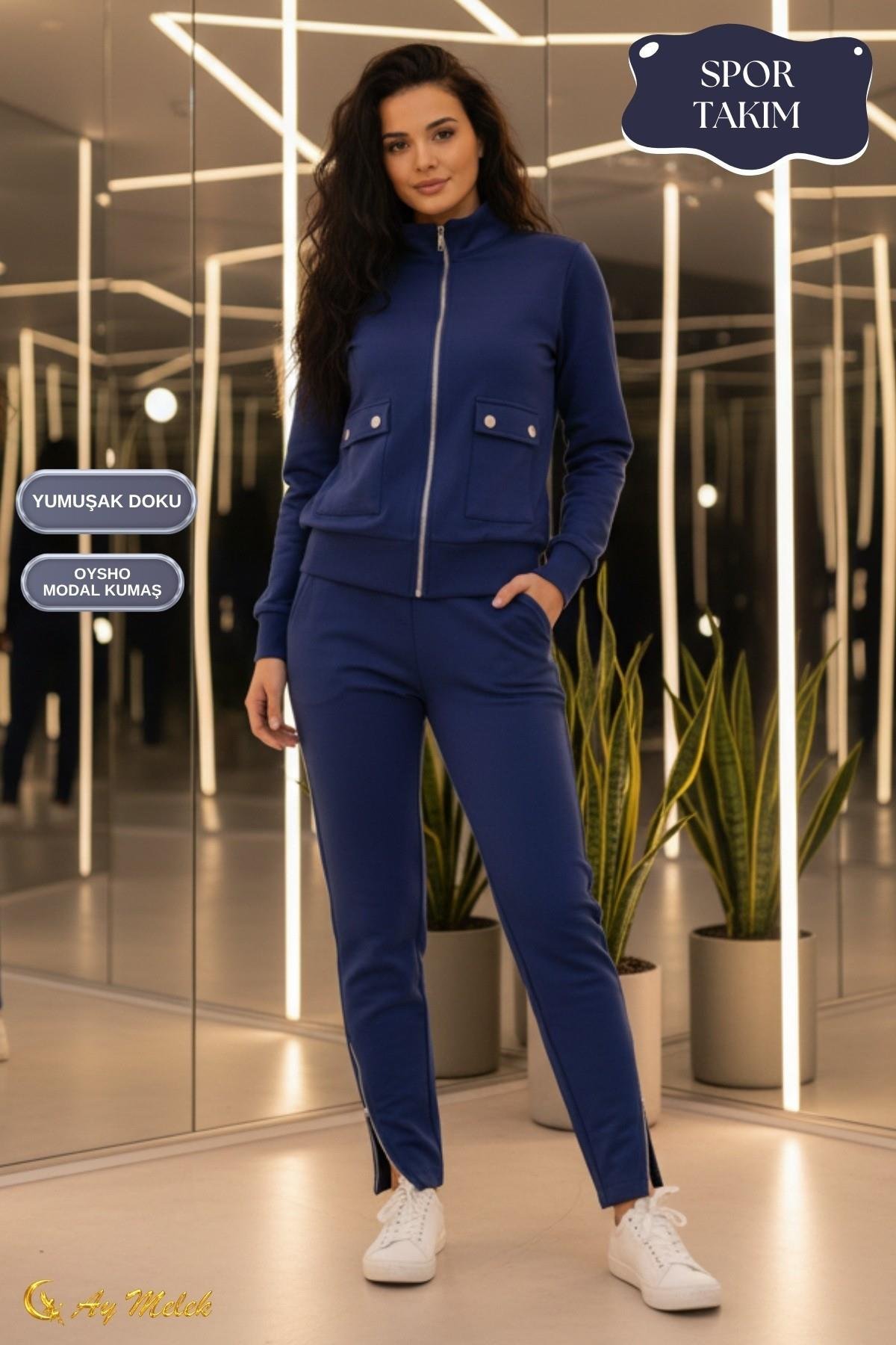 Kadın Spor Eşofman Takım Yumuşak Dokulu Modal Kumaş Cep Detaylı Takım