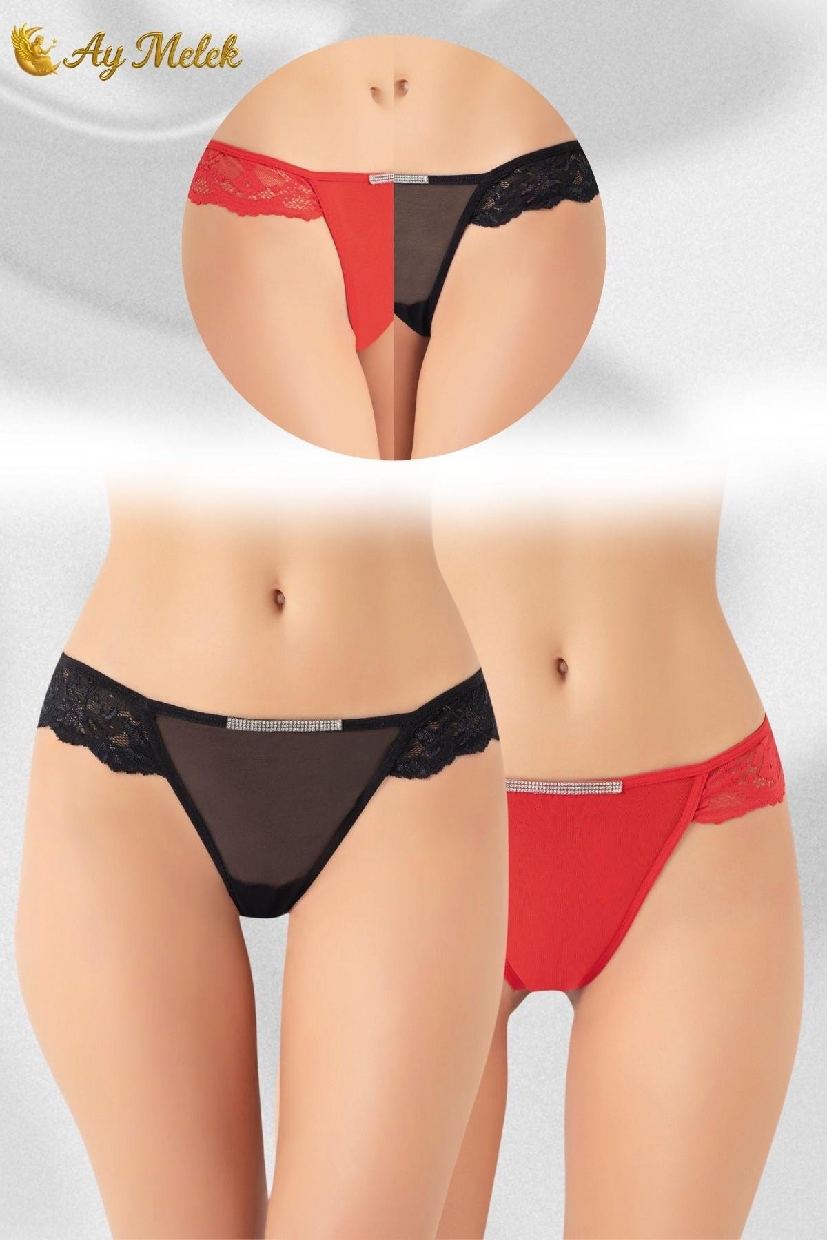 Kadın Taş Detay Esnek Tül Dantel String Fantazi İç Giyim Külot