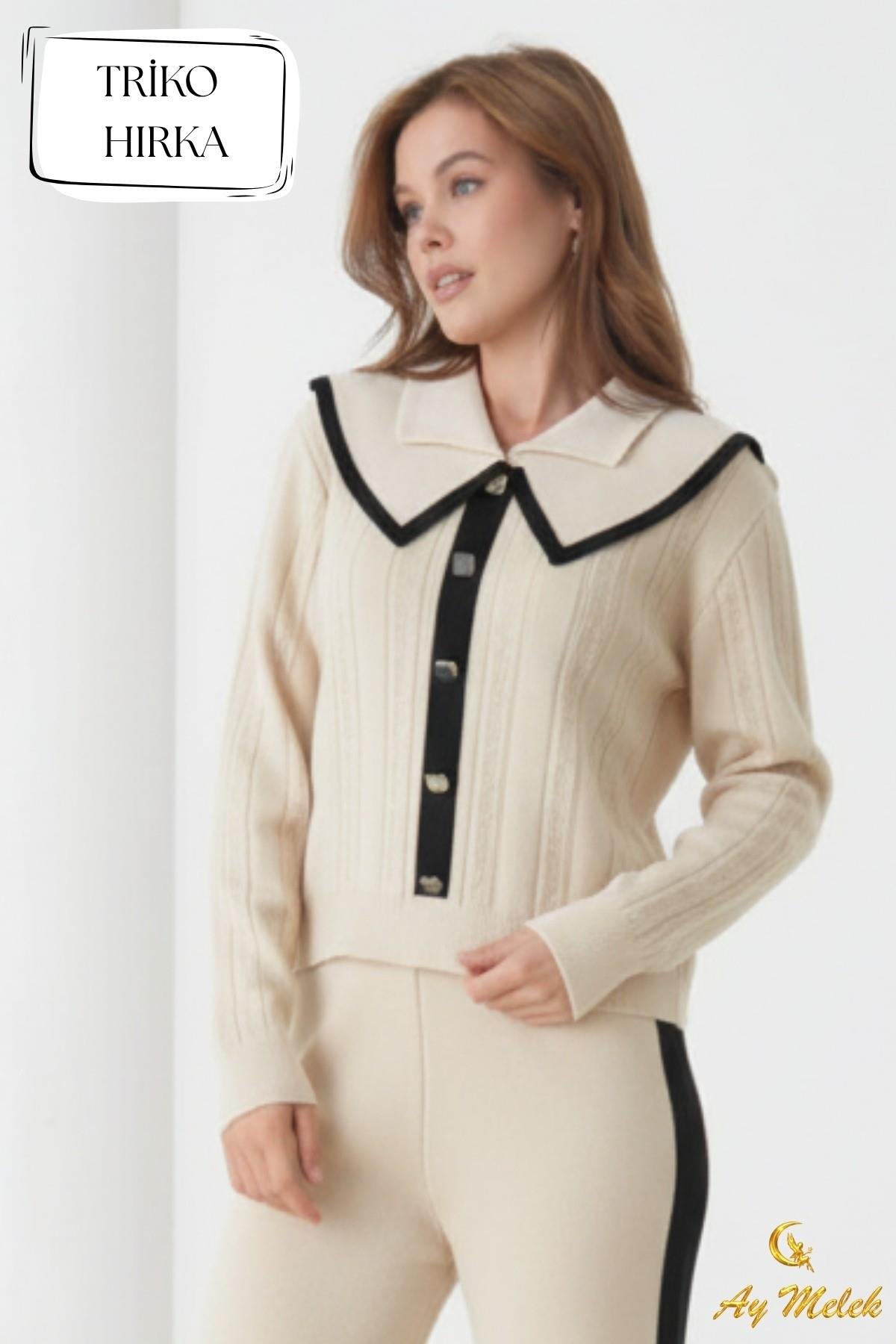 Kadın Triko Hırka Biyeli Geniş Düz Yaka Düğmeli Hırka