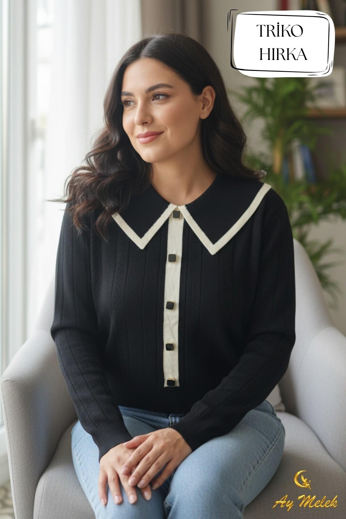 Kadın Triko Hırka Biyeli Geniş Düz Yaka Düğmeli Hırka