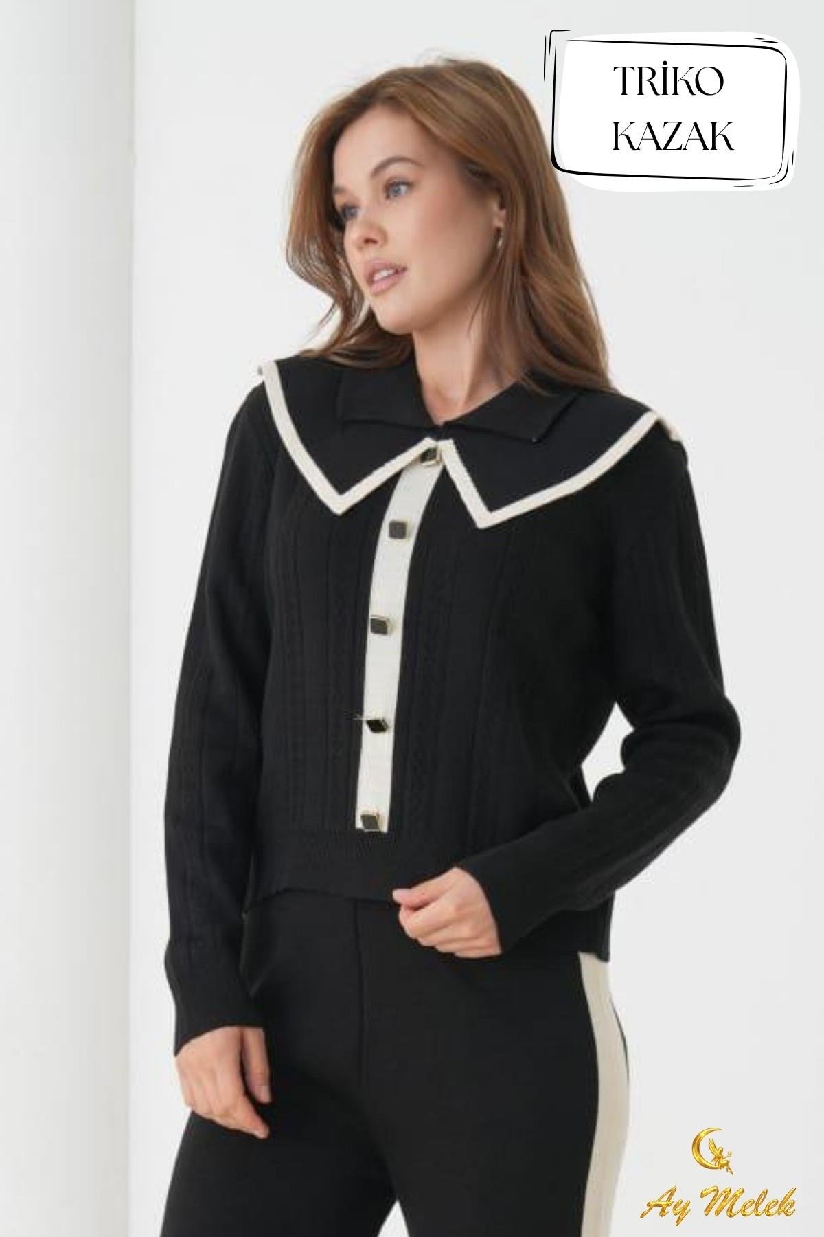 Kadın Triko Hırka Biyeli Geniş Düz Yaka Düğmeli Hırka