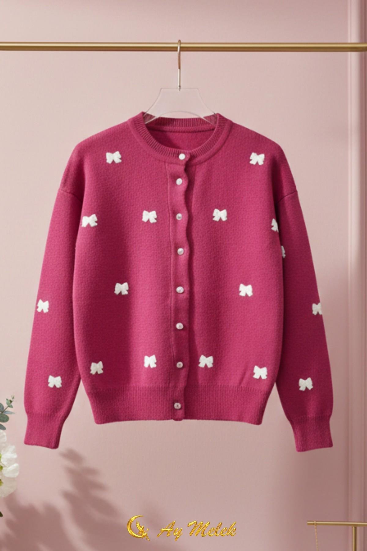 Kadın Triko Hırka Düğmeli Bisiklet Yaka Kısa Fiyonk Detaylı Hırka