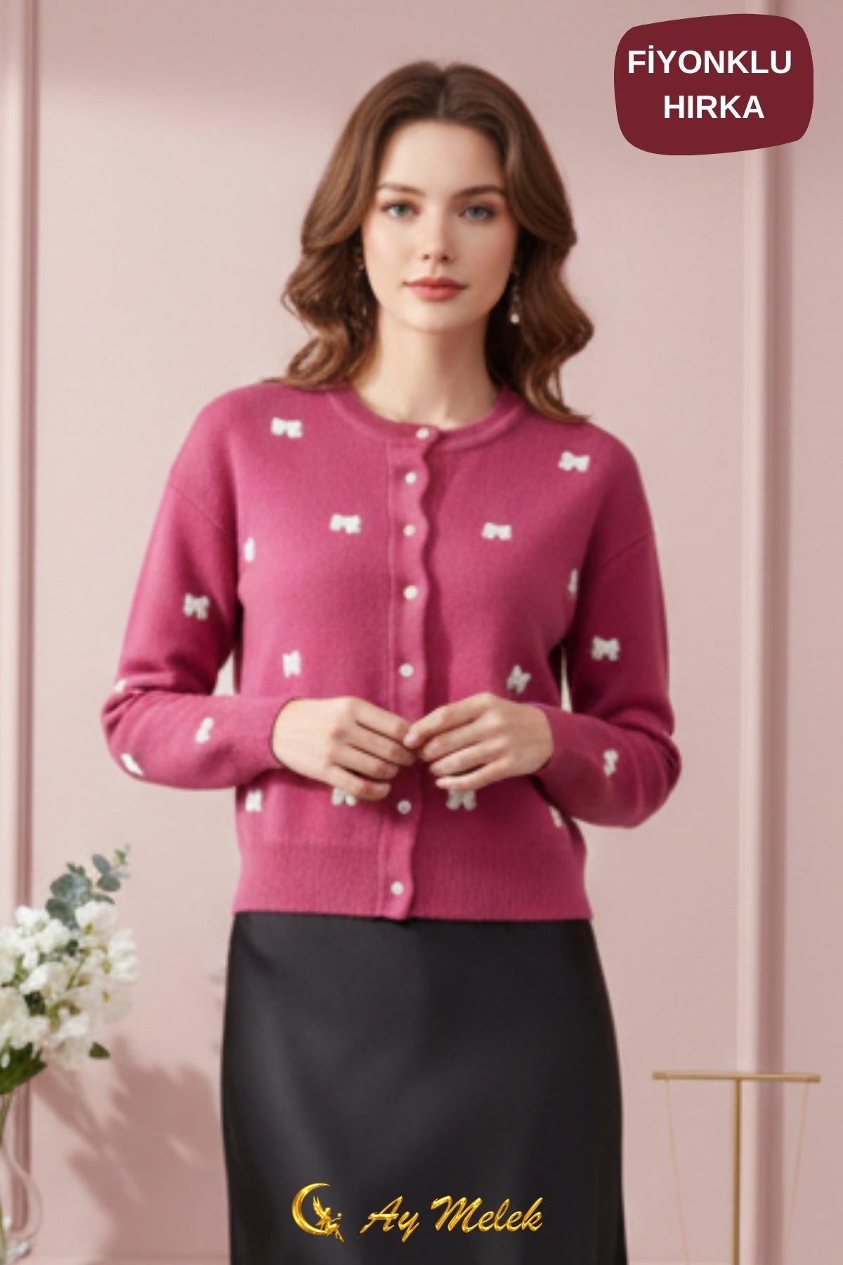 Kadın Triko Hırka Düğmeli Bisiklet Yaka Kısa Fiyonk Detaylı Hırka