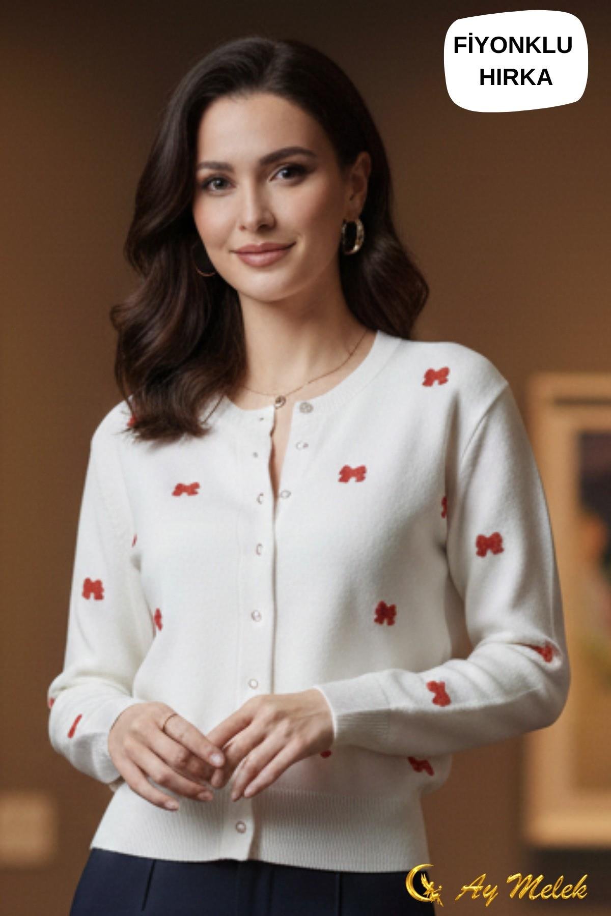 Kadın Triko Hırka Düğmeli Bisiklet Yaka Kısa Fiyonk Detaylı Hırka