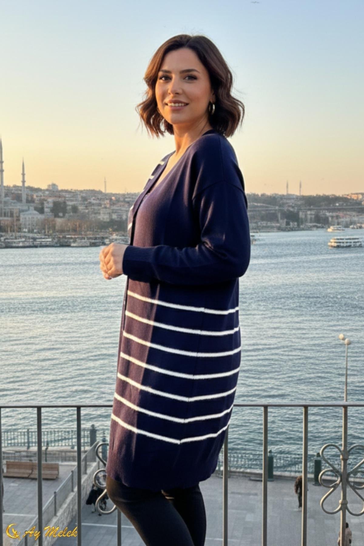 Kadın Triko Hırka Uzun Düğmeli Çizgi Desenli Merserize Hırka