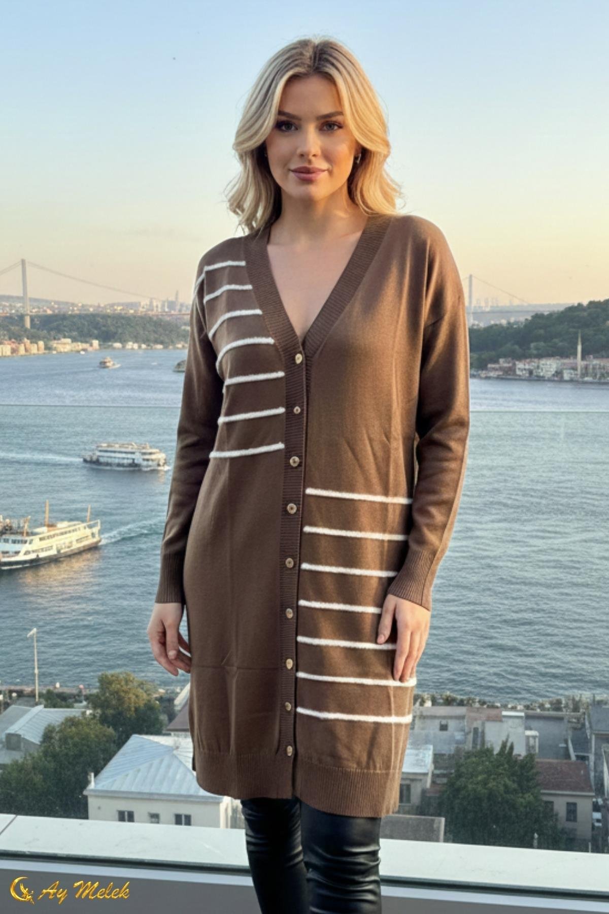 Kadın Triko Hırka Uzun Düğmeli Çizgi Desenli Merserize Hırka