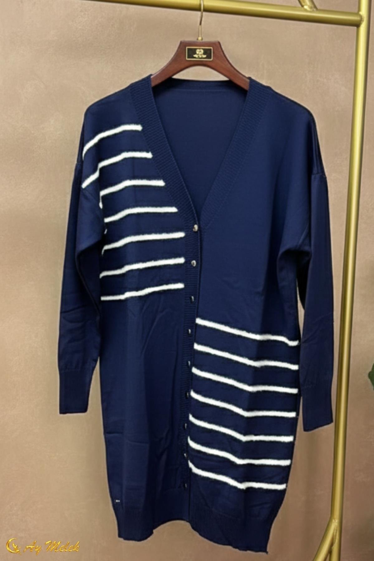 Kadın Triko Hırka Uzun Düğmeli Çizgi Desenli Merserize Hırka