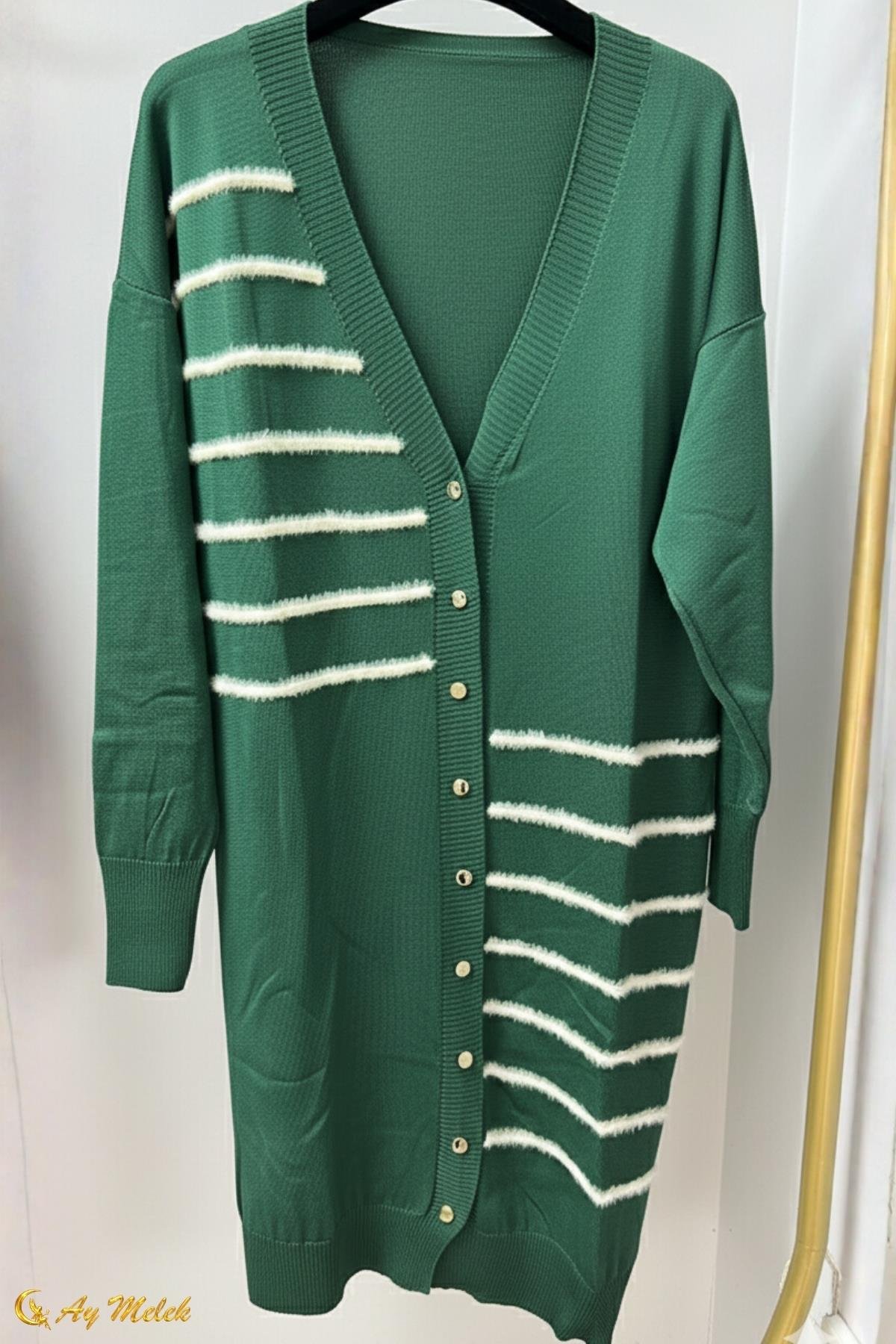 Kadın Triko Hırka Uzun Düğmeli Çizgi Desenli Merserize Hırka