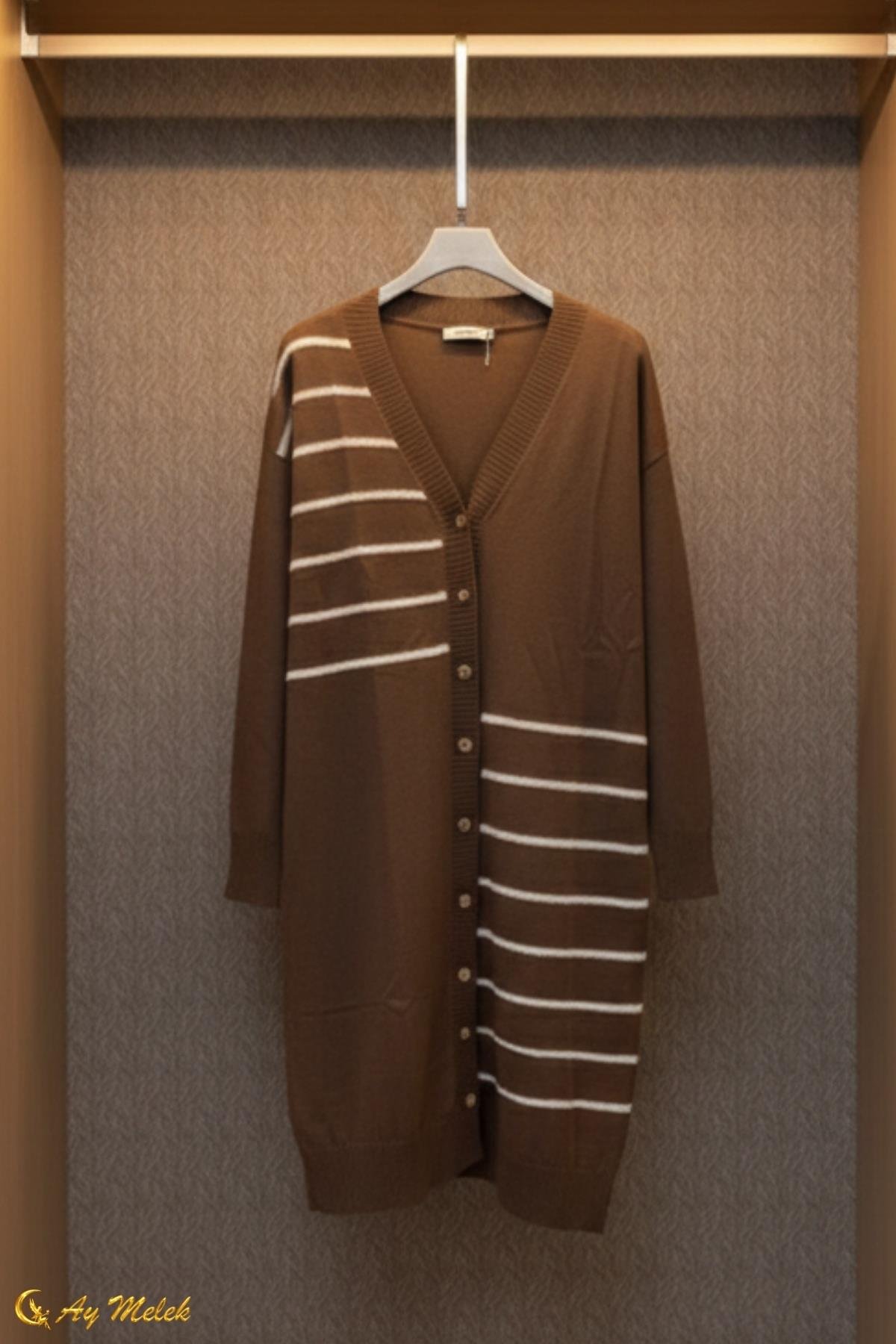 Kadın Triko Hırka Uzun Düğmeli Çizgi Desenli Merserize Hırka