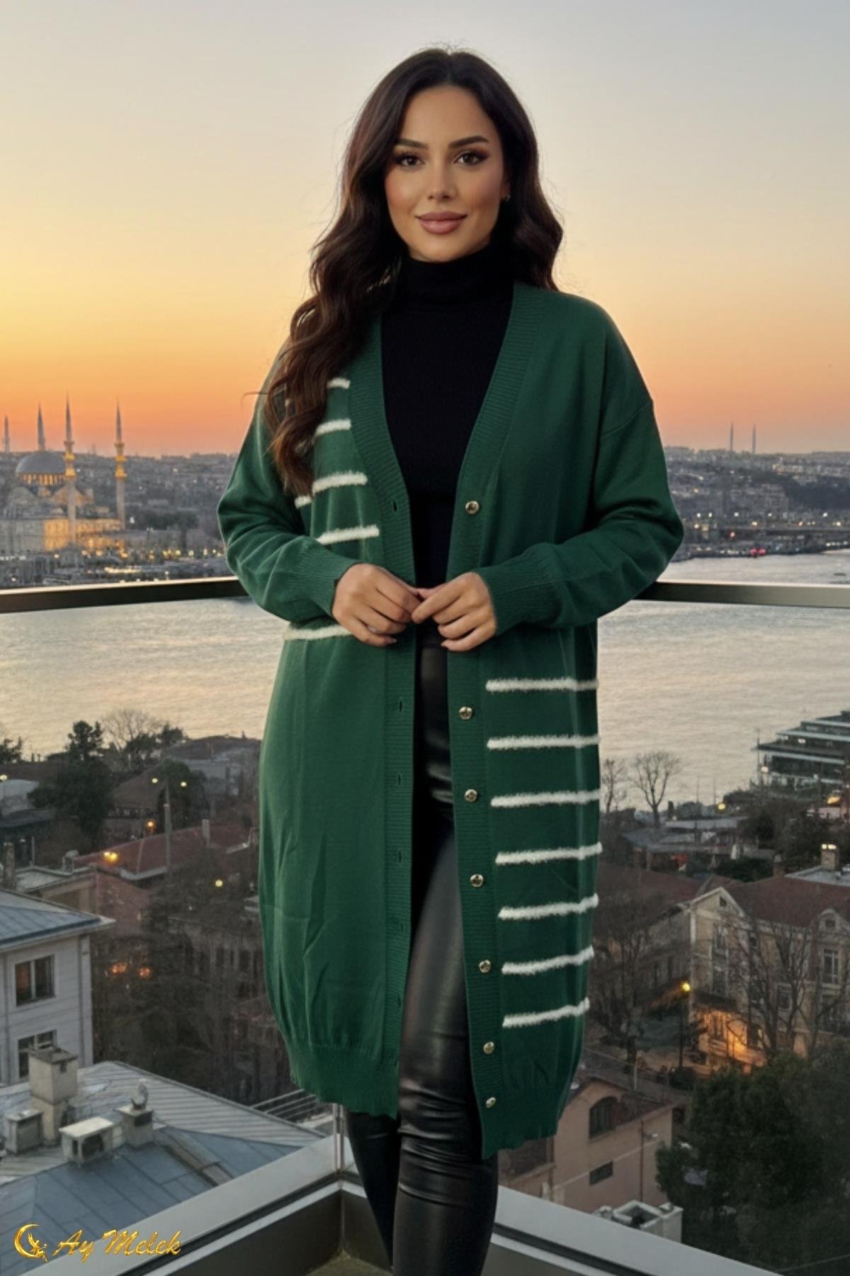 Kadın Triko Hırka Uzun Düğmeli Çizgi Desenli Merserize Hırka