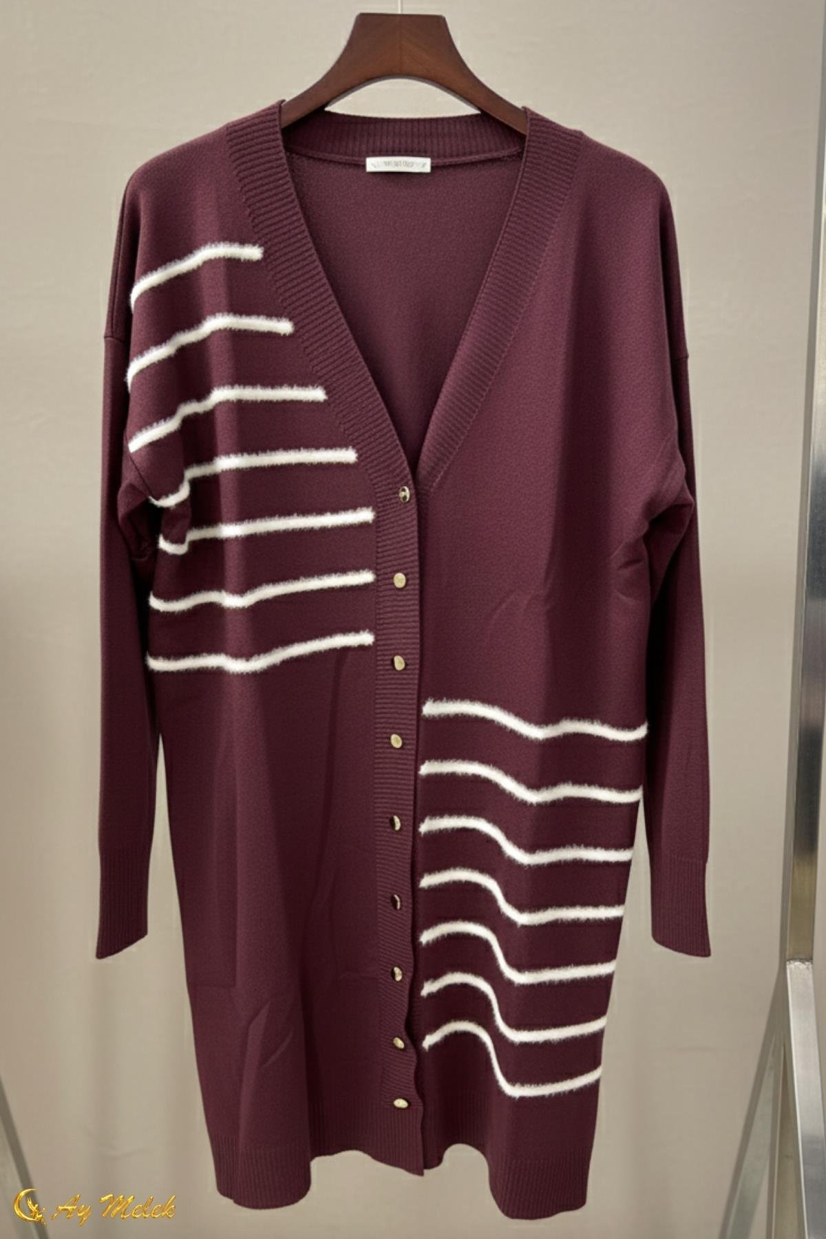 Kadın Triko Hırka Uzun Düğmeli Çizgi Desenli Merserize Hırka