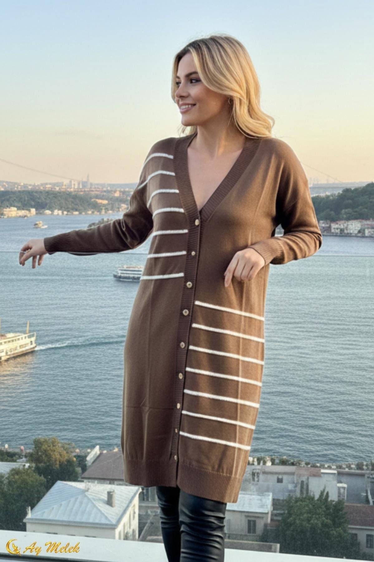 Kadın Triko Hırka Uzun Düğmeli Çizgi Desenli Merserize Hırka