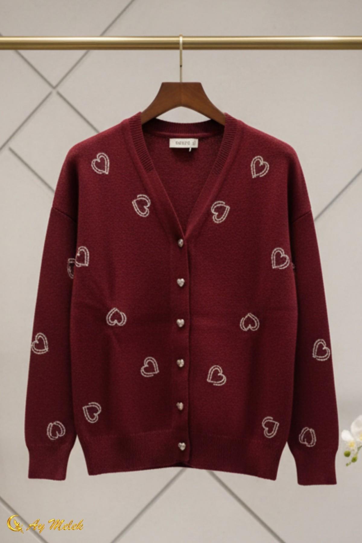 Kadın Triko Hırka Yumuşak V Yaka Kalpli Düğmeli Kazak