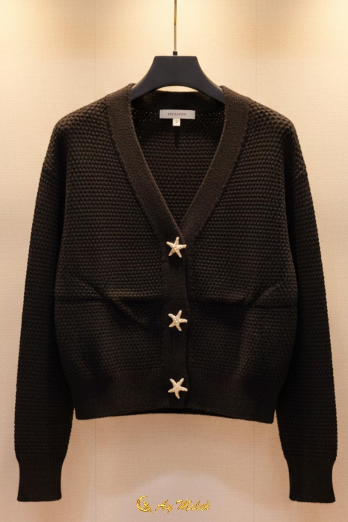 Kadın Triko Hırka Yumuşak V Yaka Yıldız Düğmeli Kısa Hırka