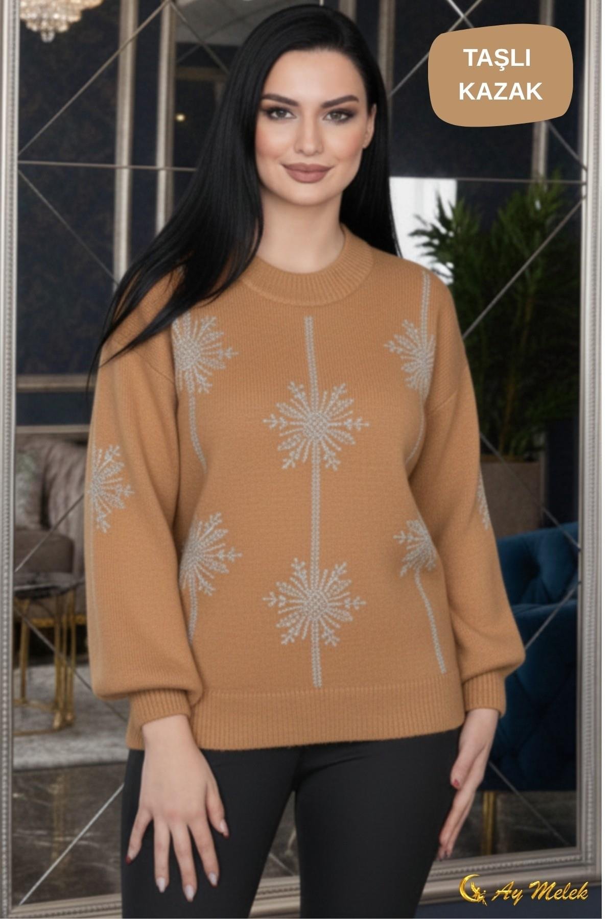 Kadın Triko Kazak Detaylı Bisiklet Yaka Yumuşak Dokulu Kazak