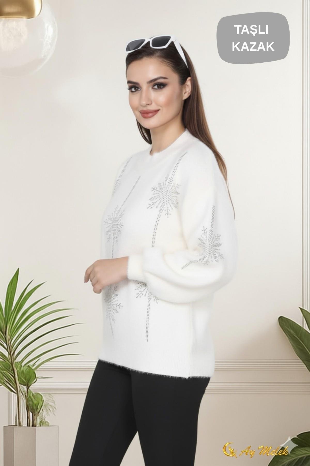Kadın Triko Kazak Detaylı Bisiklet Yaka Yumuşak Dokulu Kazak