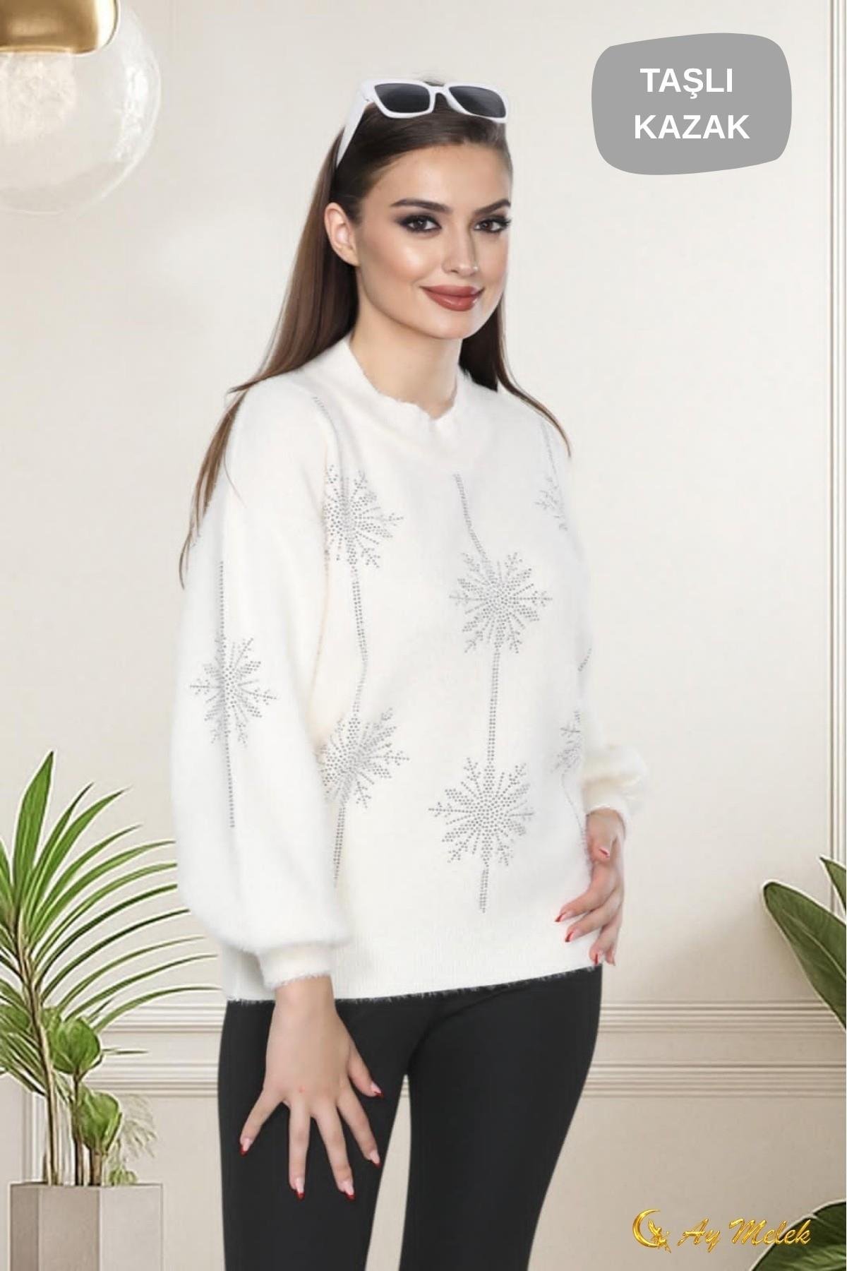 Kadın Triko Kazak Detaylı Bisiklet Yaka Yumuşak Dokulu Kazak