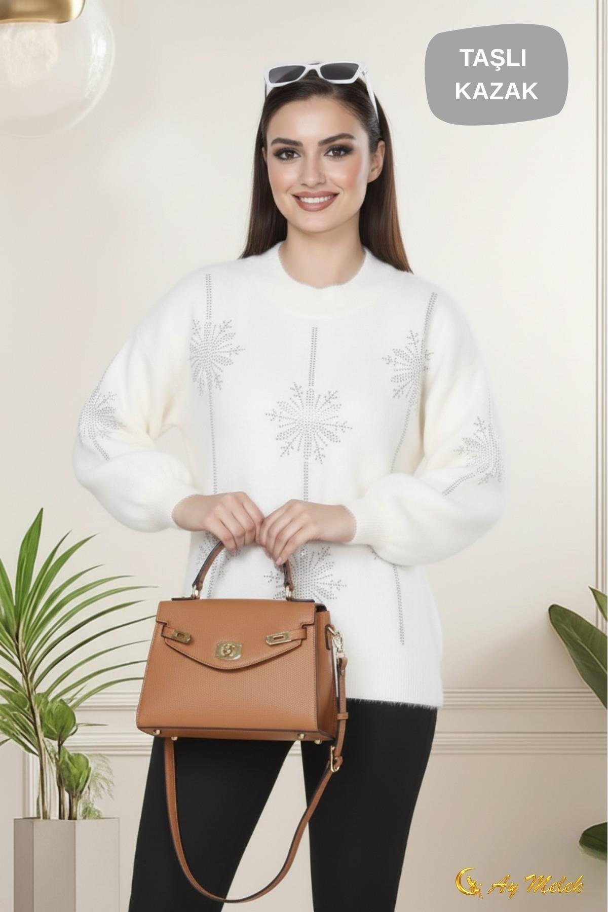 Kadın Triko Kazak Detaylı Bisiklet Yaka Yumuşak Dokulu Kazak