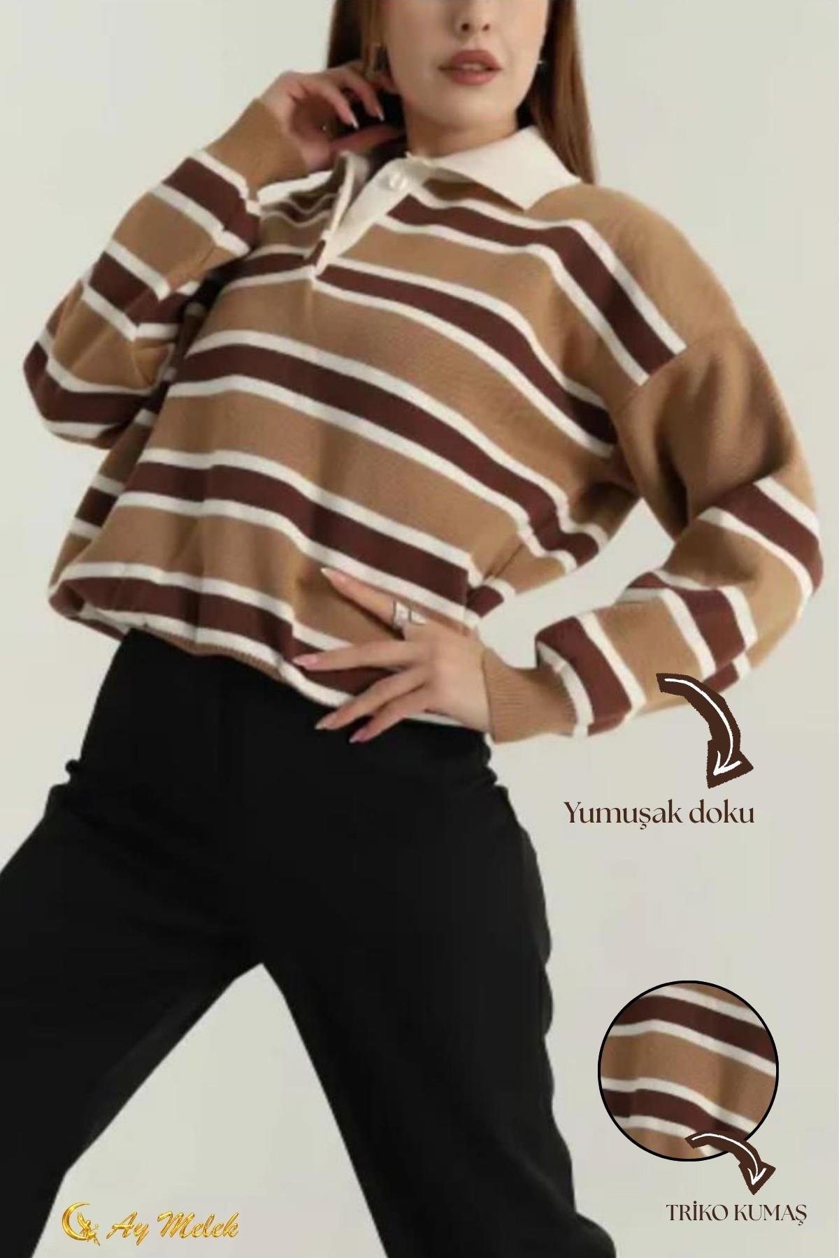 Kadın Triko Kazak Polo Yaka Çizgili Kısa Mevsimlik Kazak