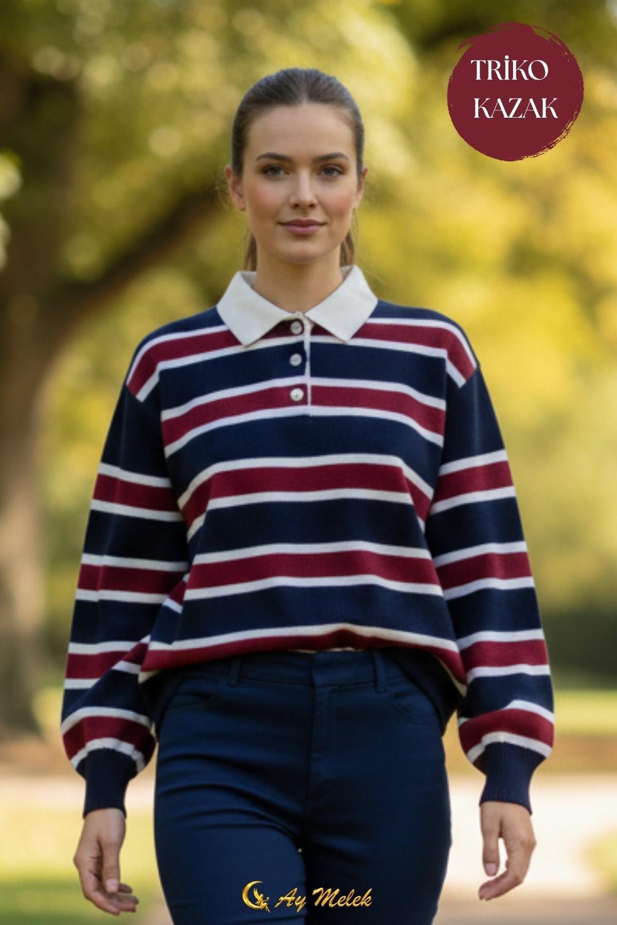 Kadın Triko Kazak Polo Yaka Çizgili Kısa Mevsimlik Kazak