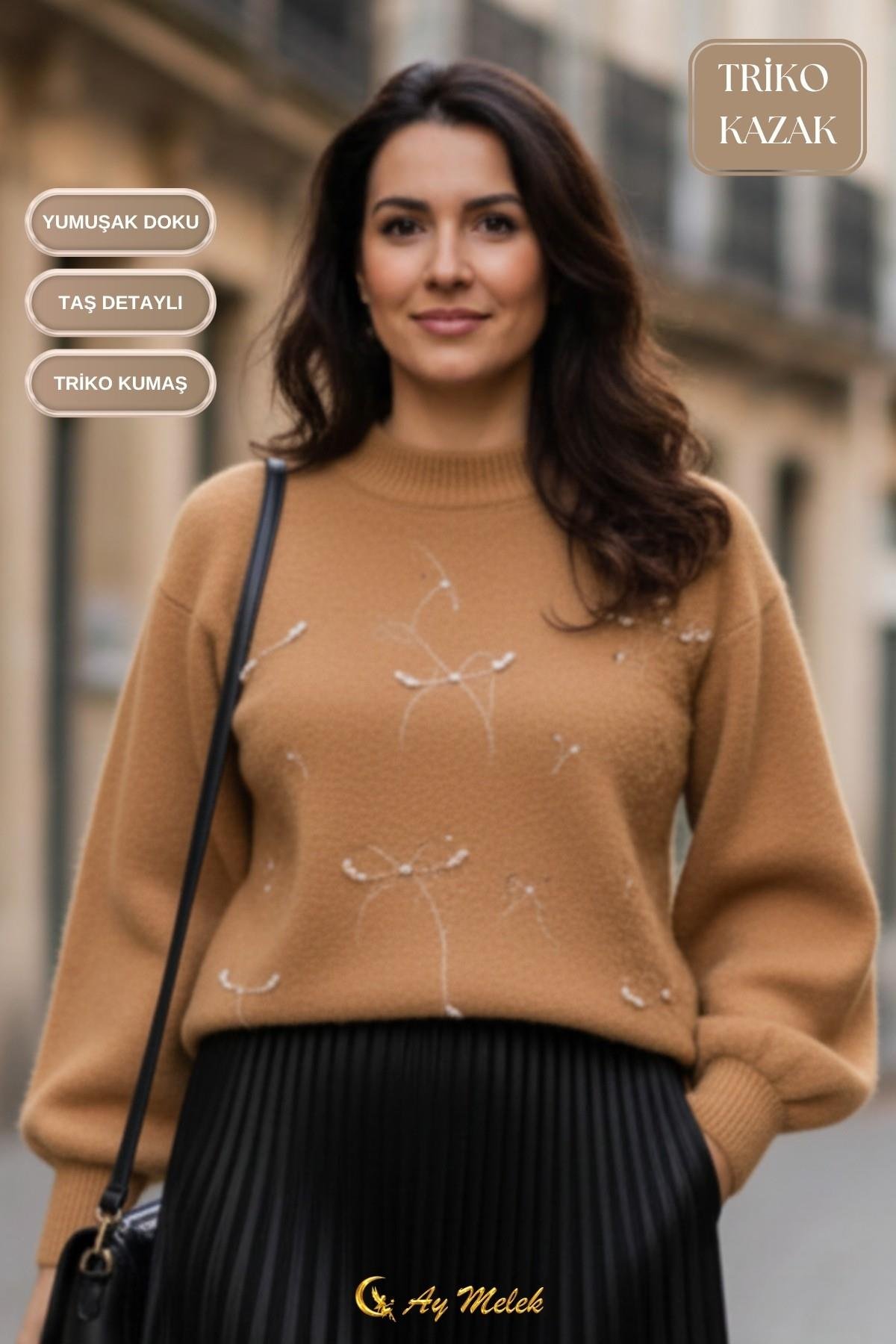 Kadın Triko Kazak Taşlı Fiyonk Detaylı Bisiklet Yaka Yumuşak Dokulu Kazak