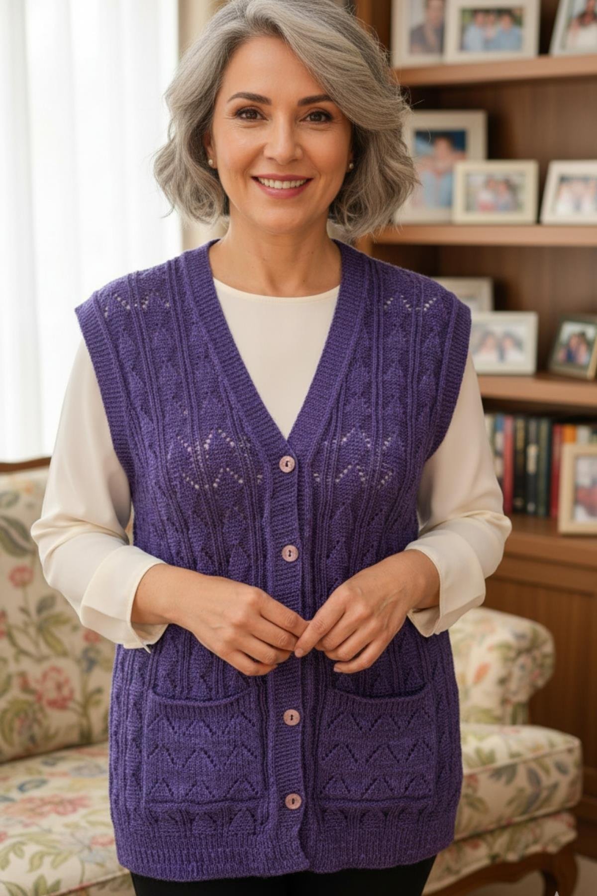 Kadın Triko Kışlık Düğmeli Anne Yeleği