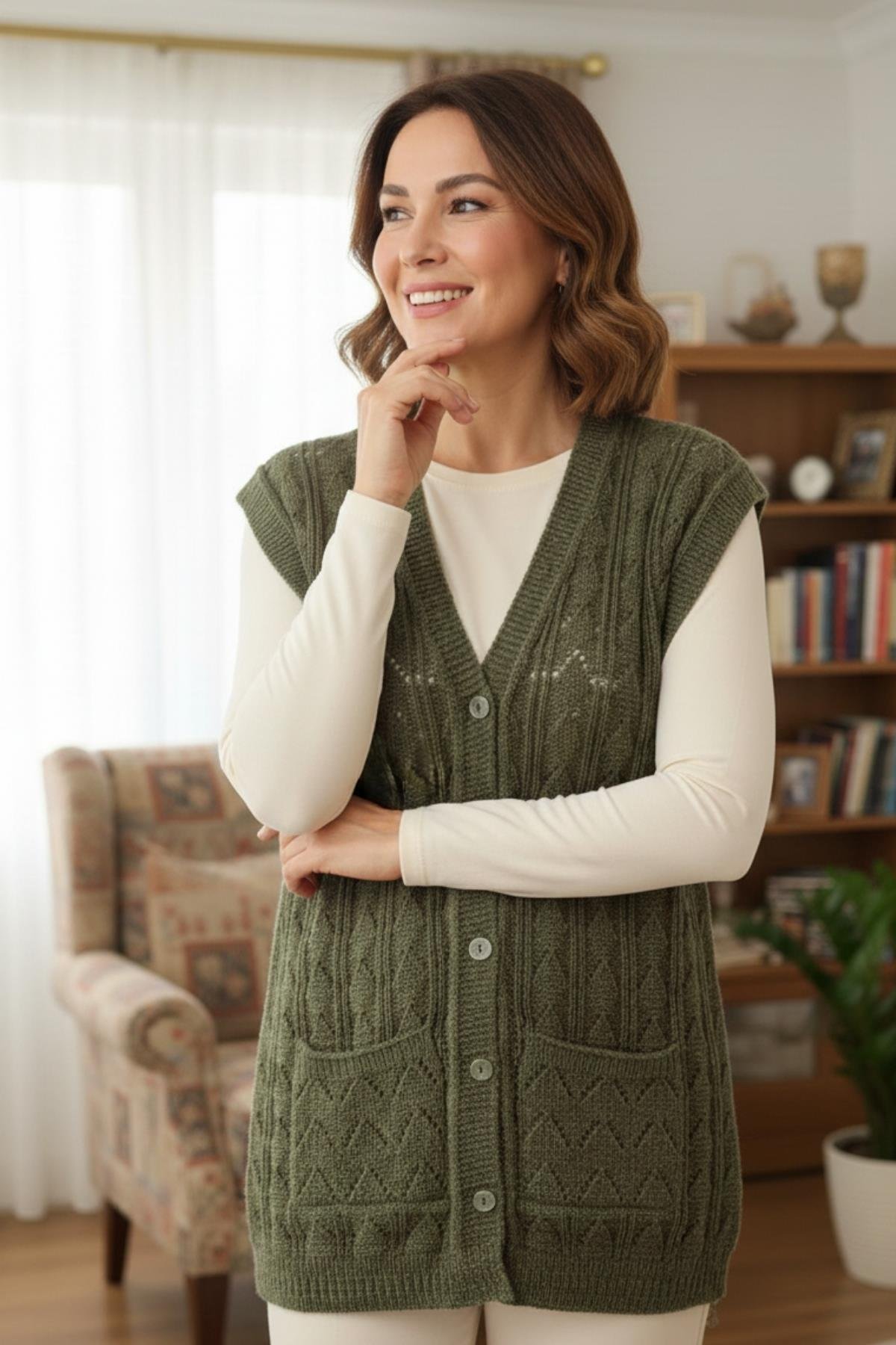 Kadın Triko Kışlık Düğmeli Anne Yeleği