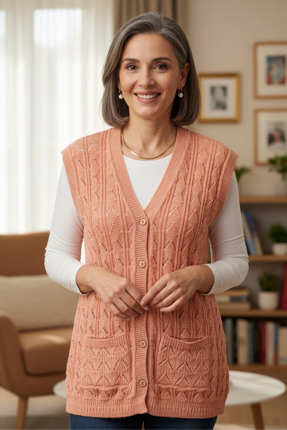 Kadın Triko Kışlık Düğmeli Anne Yeleği