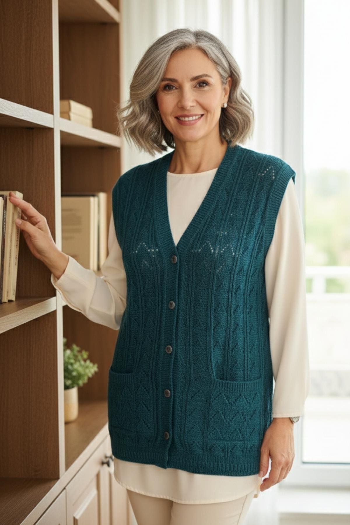 Kadın Triko Kışlık Düğmeli Anne Yeleği