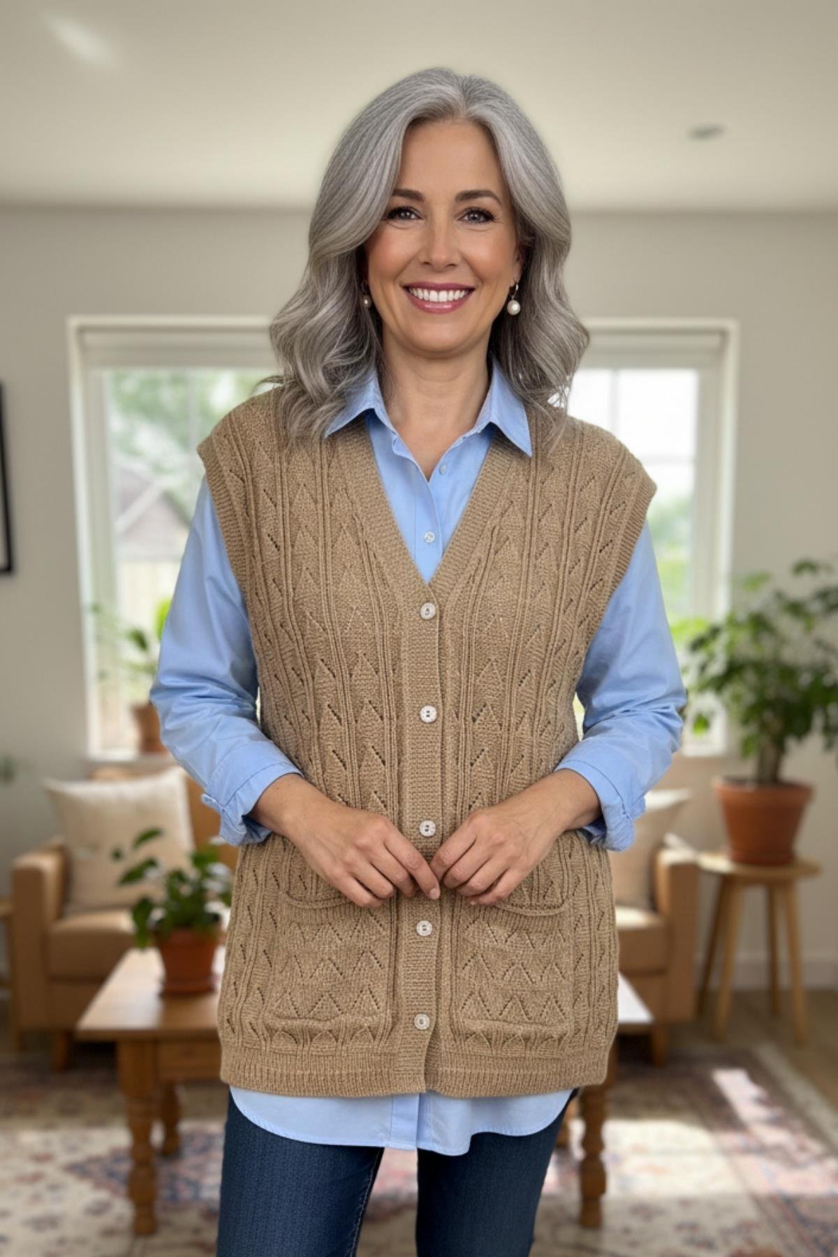 Kadın Triko Kışlık Düğmeli Anne Yeleği