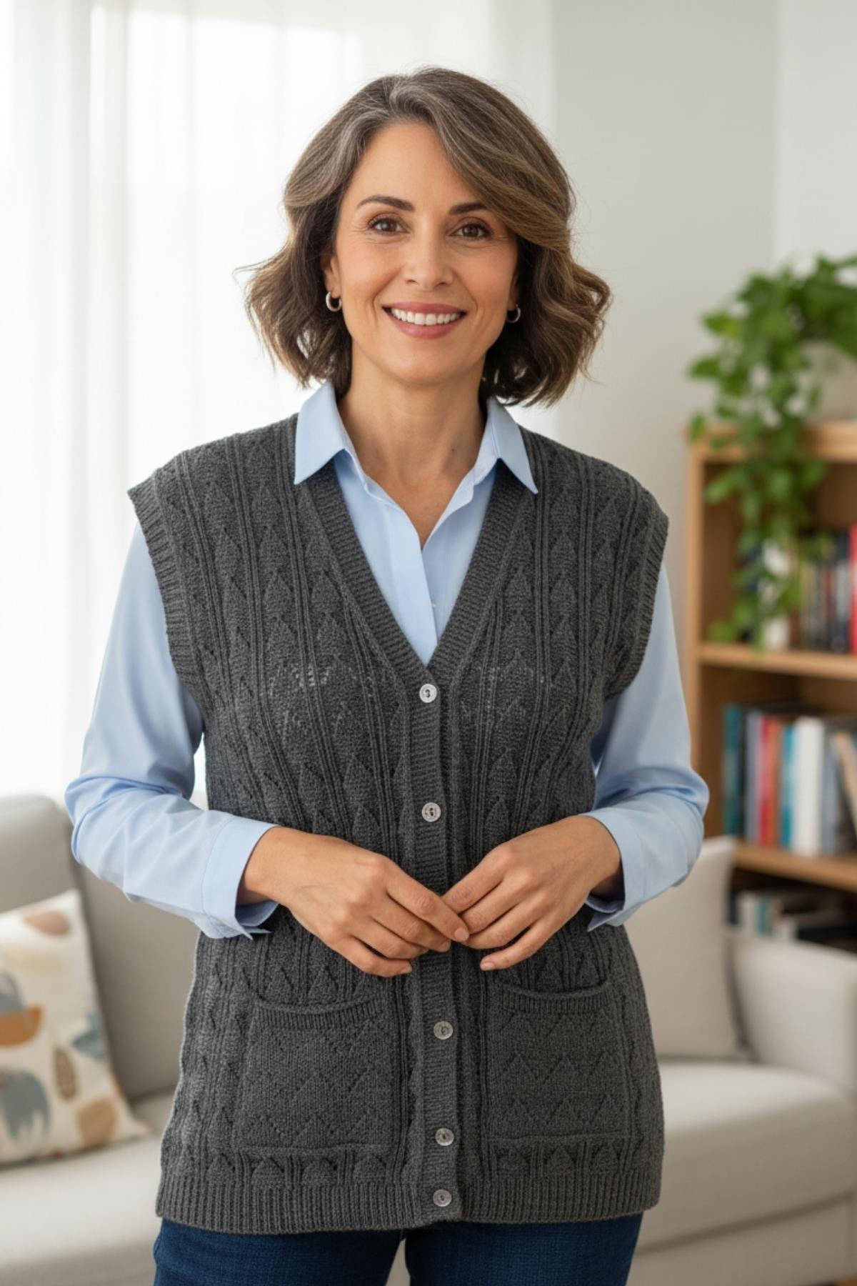 Kadın Triko Kışlık Düğmeli Anne Yeleği