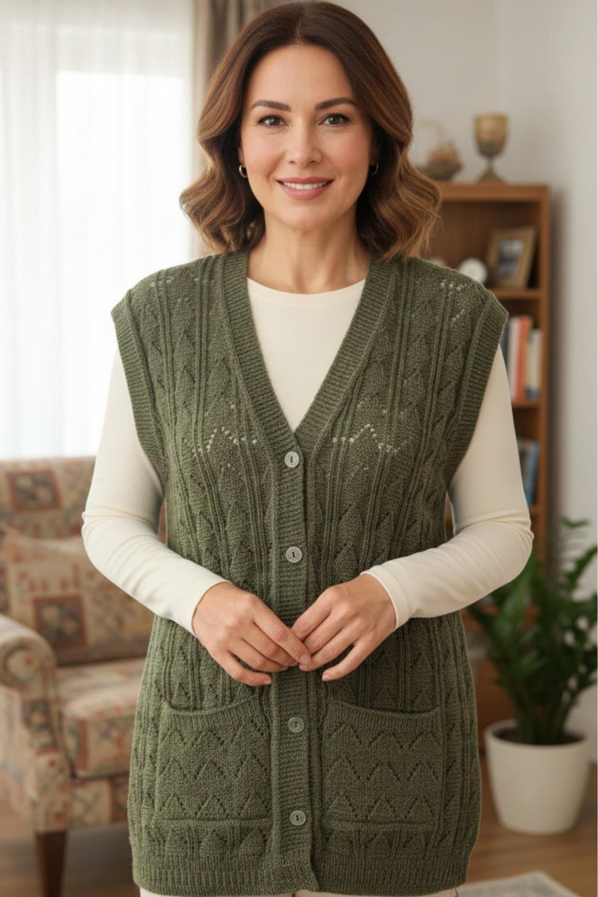 Kadın Triko Kışlık Düğmeli Anne Yeleği