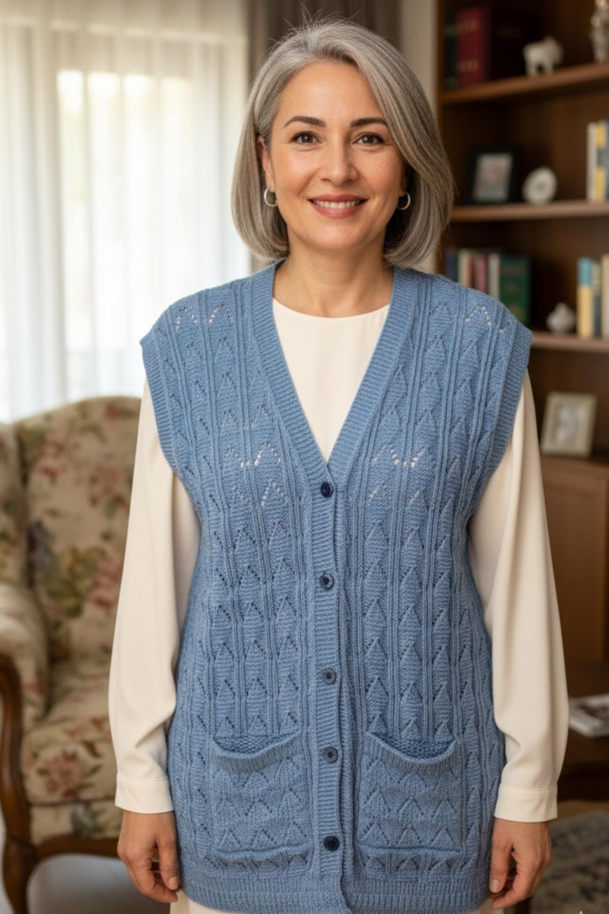 Kadın Triko Kışlık Düğmeli Anne Yeleği