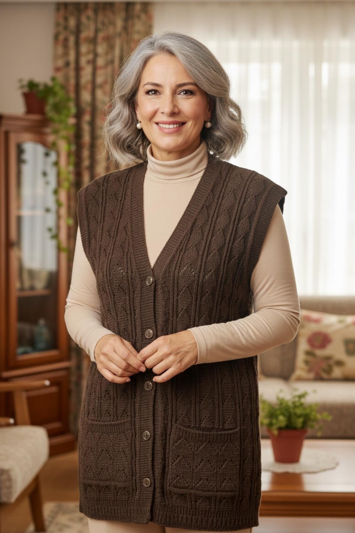 Kadın Triko Kışlık Düğmeli Anne Yeleği