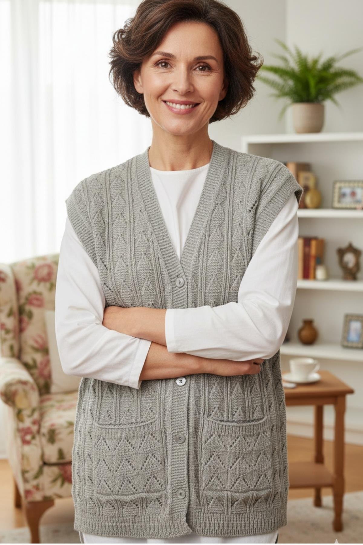 Kadın Triko Kışlık Düğmeli Anne Yeleği