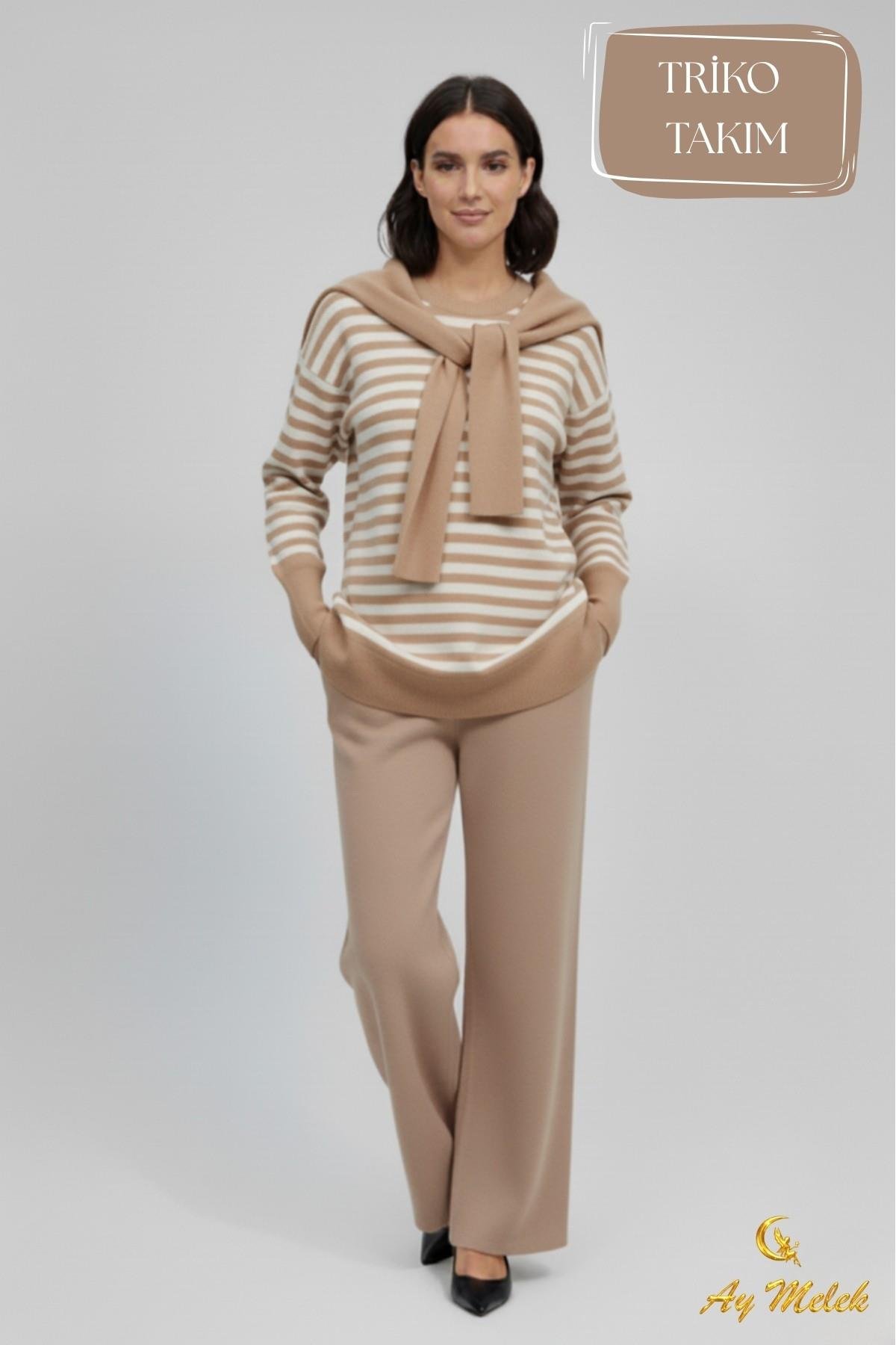 Kadın Triko Pantolon Takım Çizgili Atkı Detaylı Bisiklet Yaka Takım